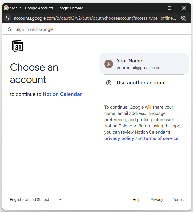 Select Google Account to Continue to Notion