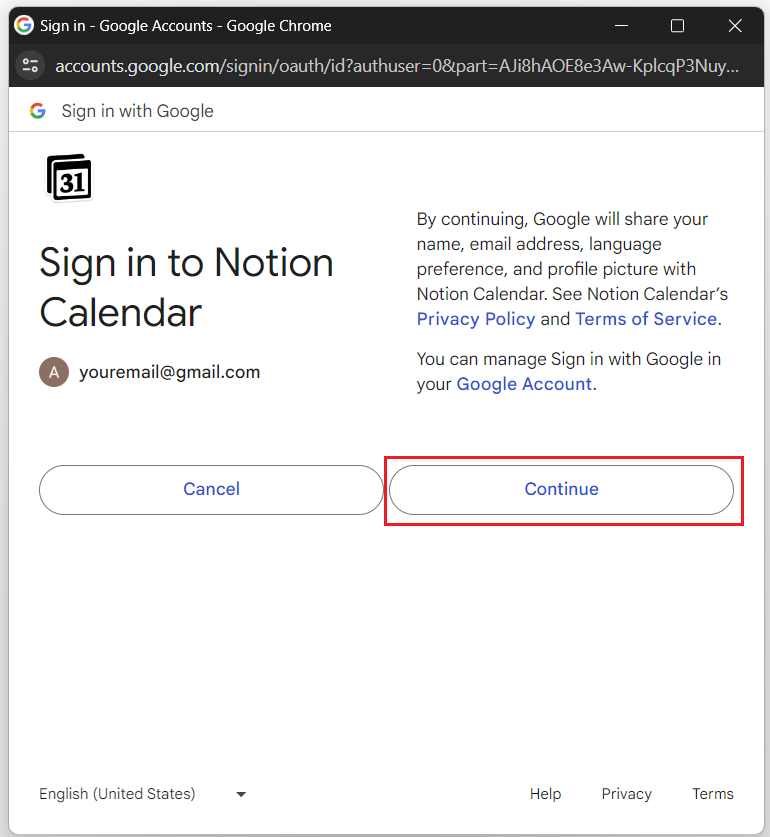 Continue to Notion Calendar Popup