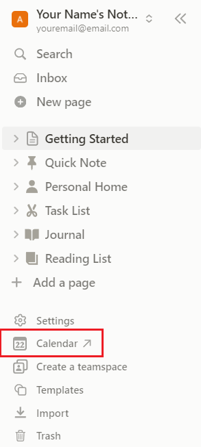 Calendar button on Notion Page Sidebar